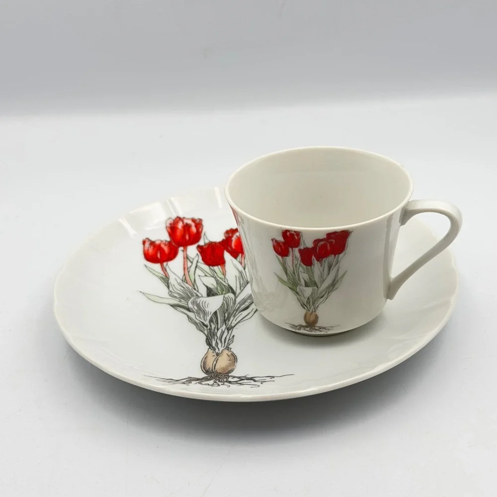 Mann Fine China Red Tulip Botanical Snack Set Cup and Scalloped Plate Vintage
